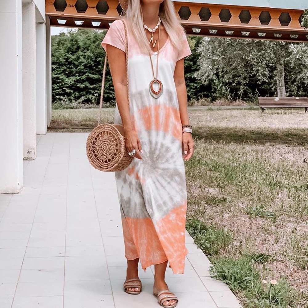Tie Dye V-Neck Short Sleeve Loose Maxi Dresses - Picture 2 of 4